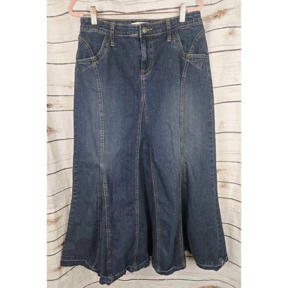 Venezia Womens Skirt 20 Denim Flare Long Maxi Y2k Fringe Released Hem Asymmetric - Picture 1 of 5